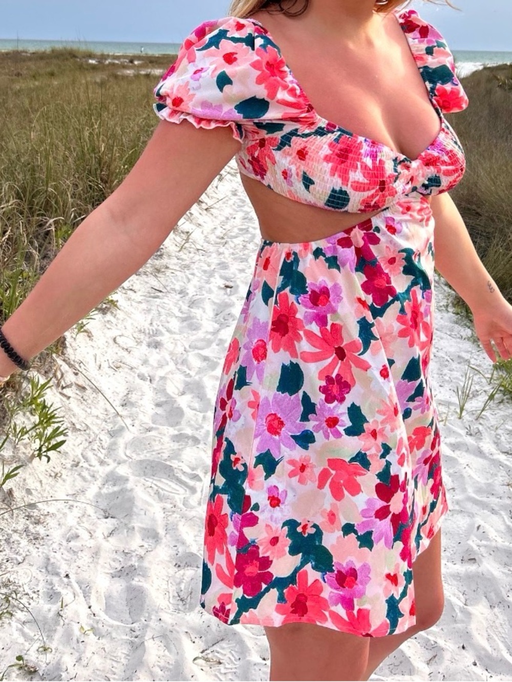 SHEIN Pink & Teal Floral Cutout Mini Dress